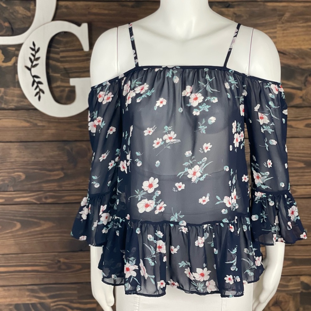 Passport | Sheer Floral Cold Shoulder Ruffle‎ Blouse Peplum Babydoll Top